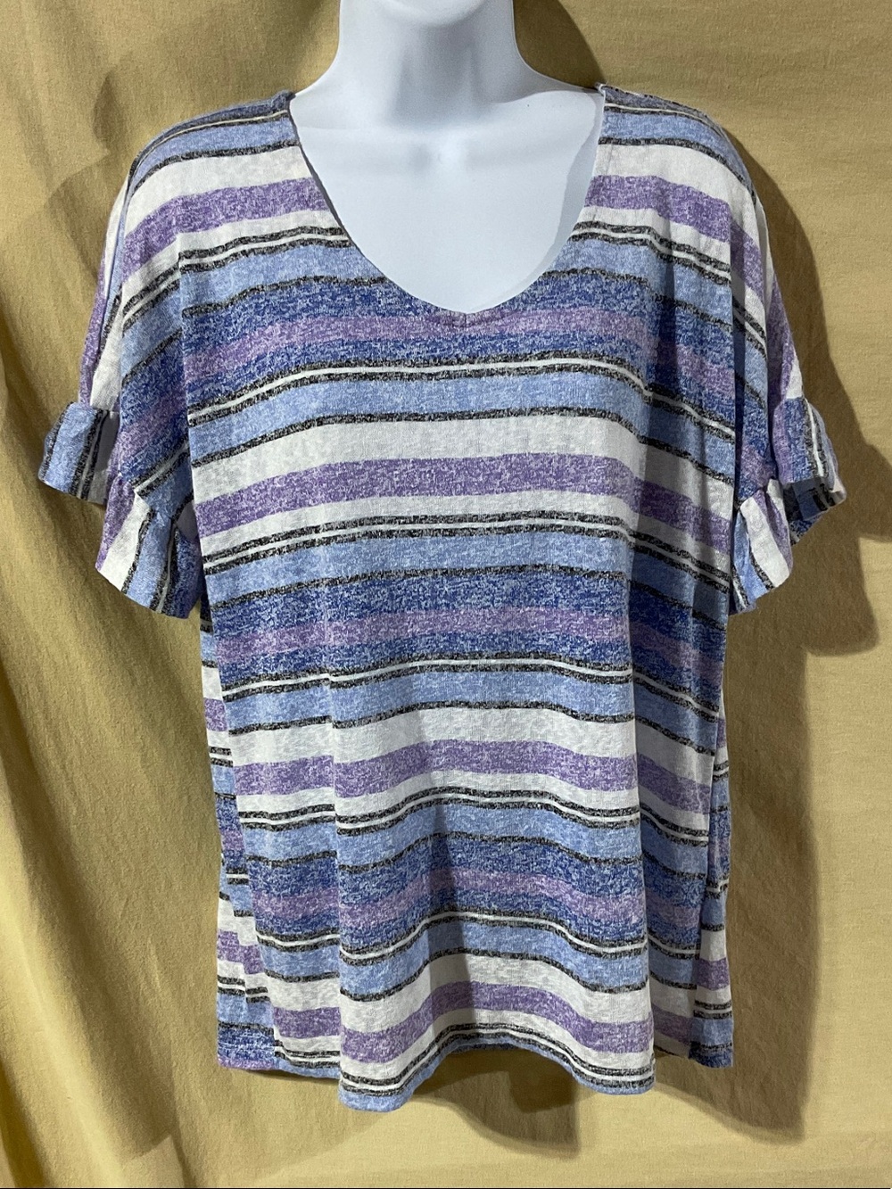 Cato Size L Lavender, Blue and White Striped Scoop Neck Top